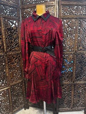 Karl Lagerfeld Size 14 Red and Black Geometric Belted Dress